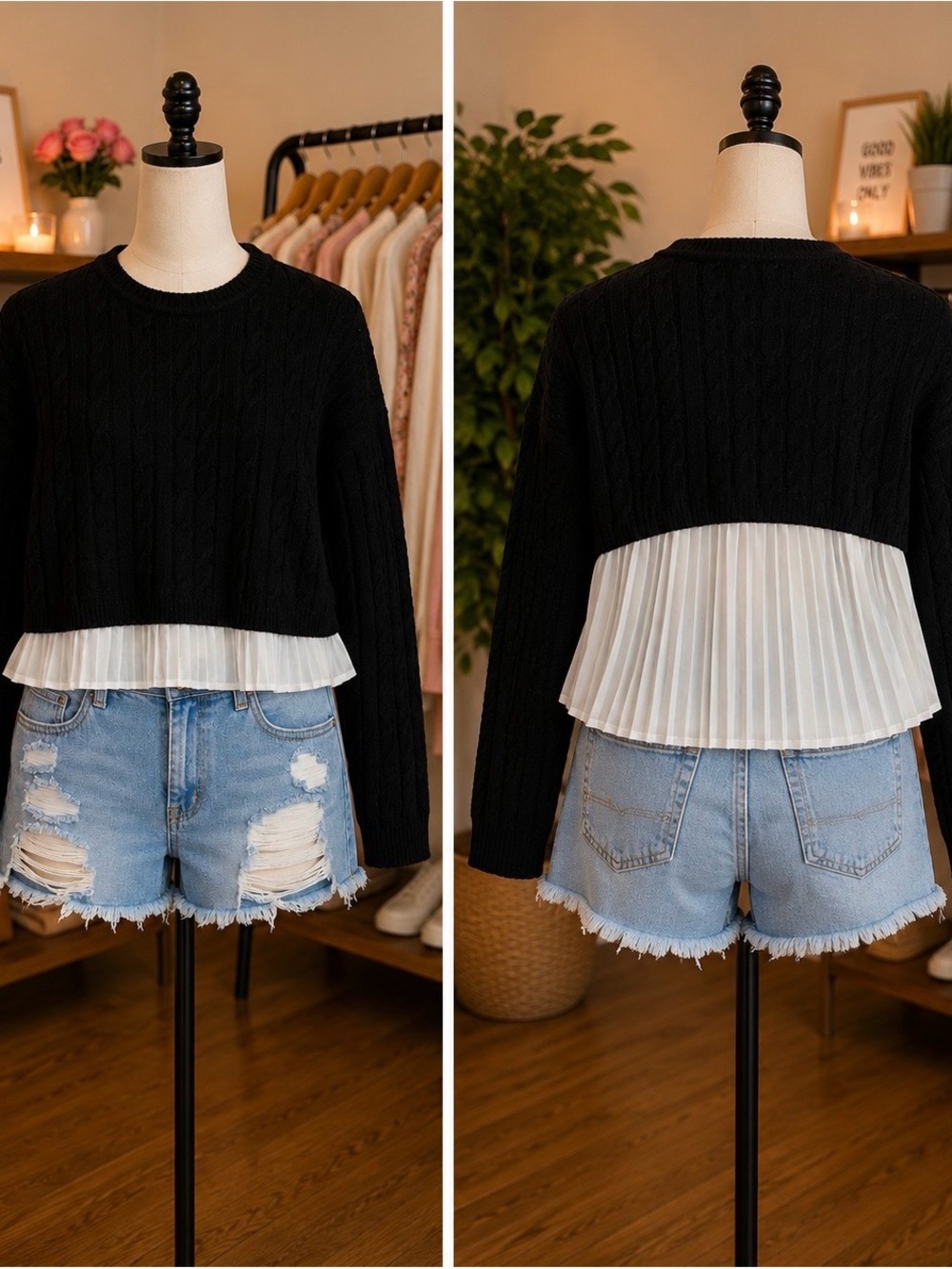 House of Harlow 1960 Black Cable-Knit Sweater with White Pleated Hem